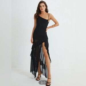 Commense Asymmetrical Ruffle Net Long Dress